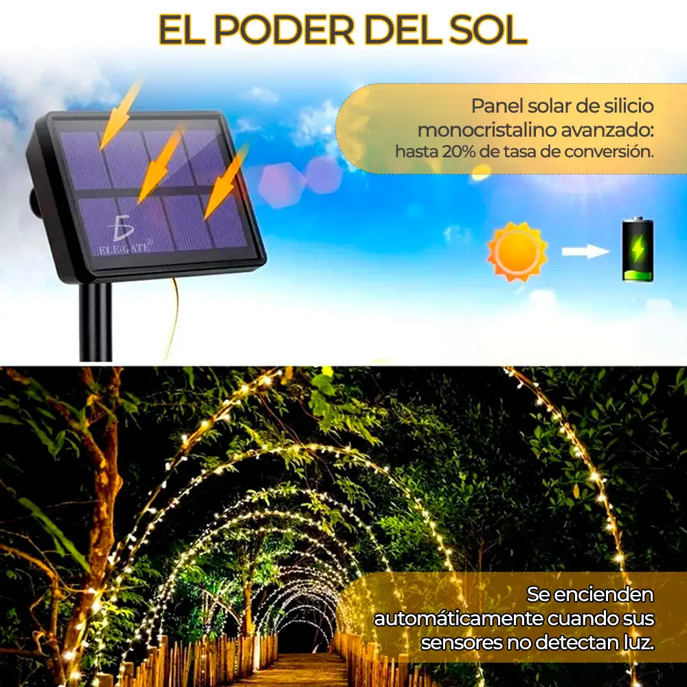 Serie Navideña Solar 20 M 200 Leds Luces Color Ambar