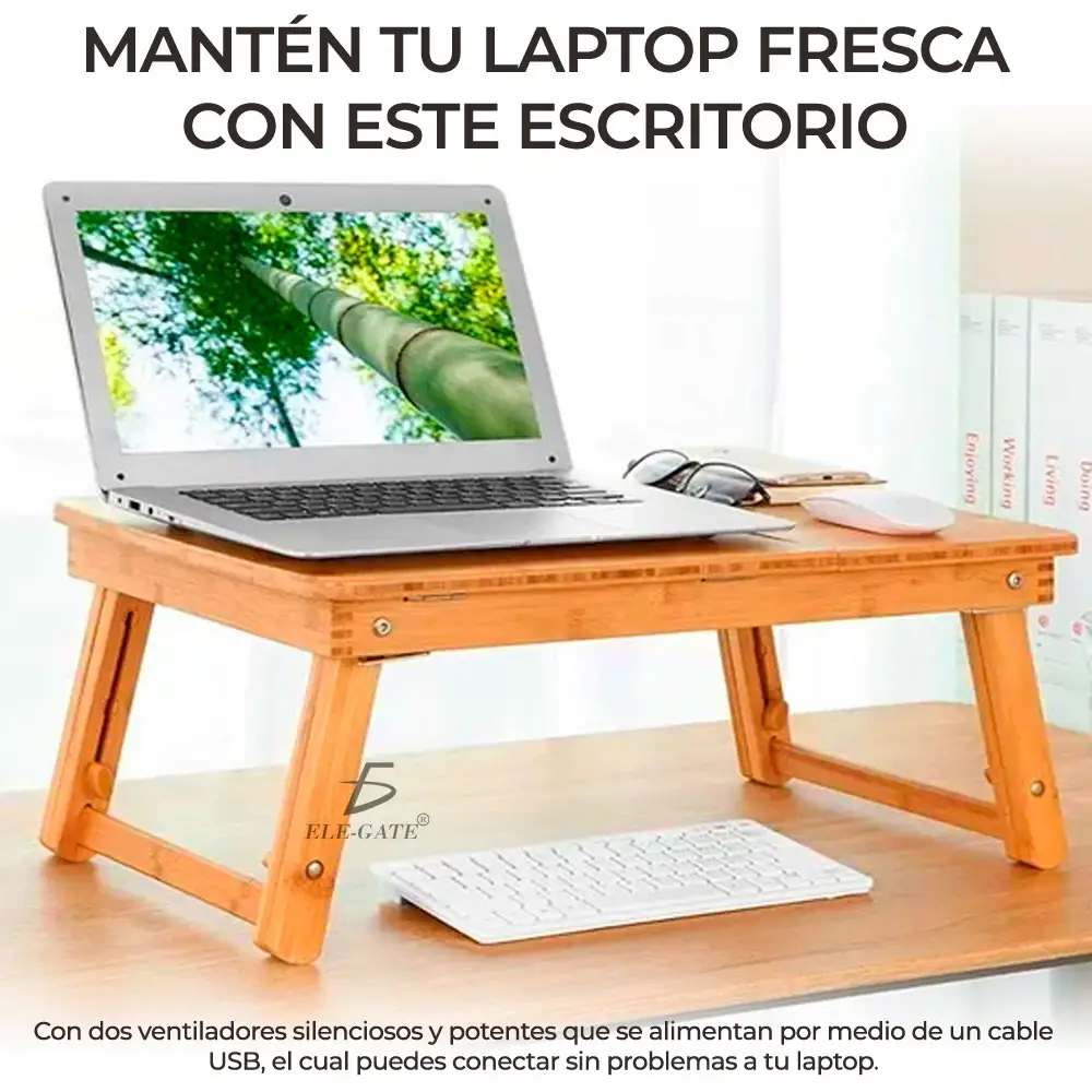 Mesa De Cama Bambu Base Enfriadora Para Laptop 2 Ventiladore