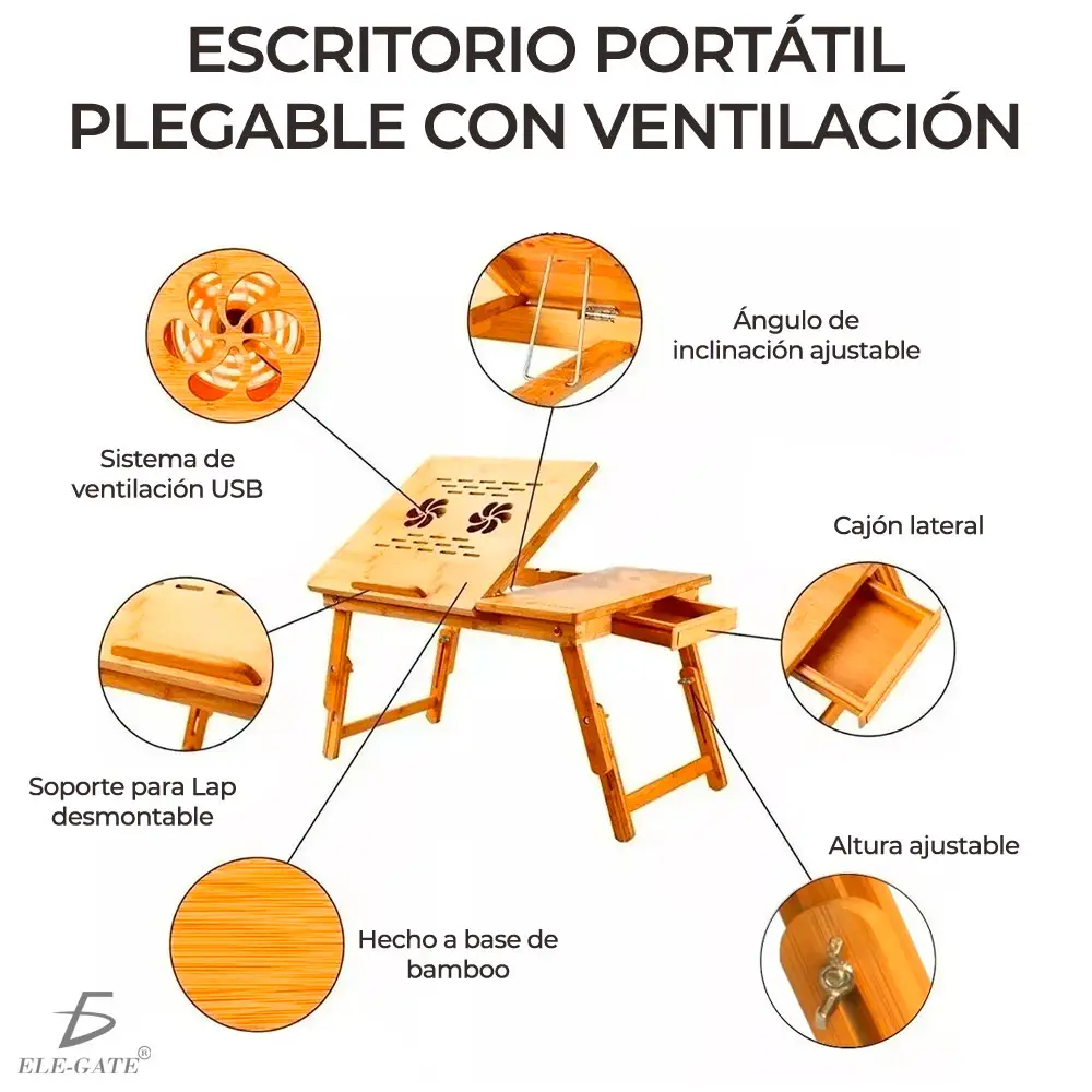 Mesa De Cama Bambu Base Enfriadora Para Laptop 2 Ventiladore
