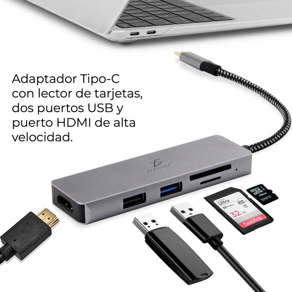 Adaptador de tipo C a HDMI, USB, MICRO, SD, USB C, RJ45 - Globatec SRL