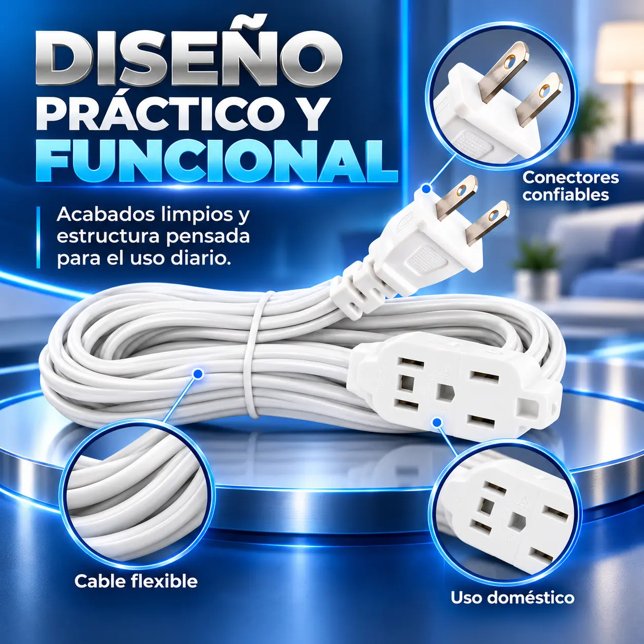 Extensión Eléctrica Para Interiores 7M 3 Toma Corrientes - Imagen 3
