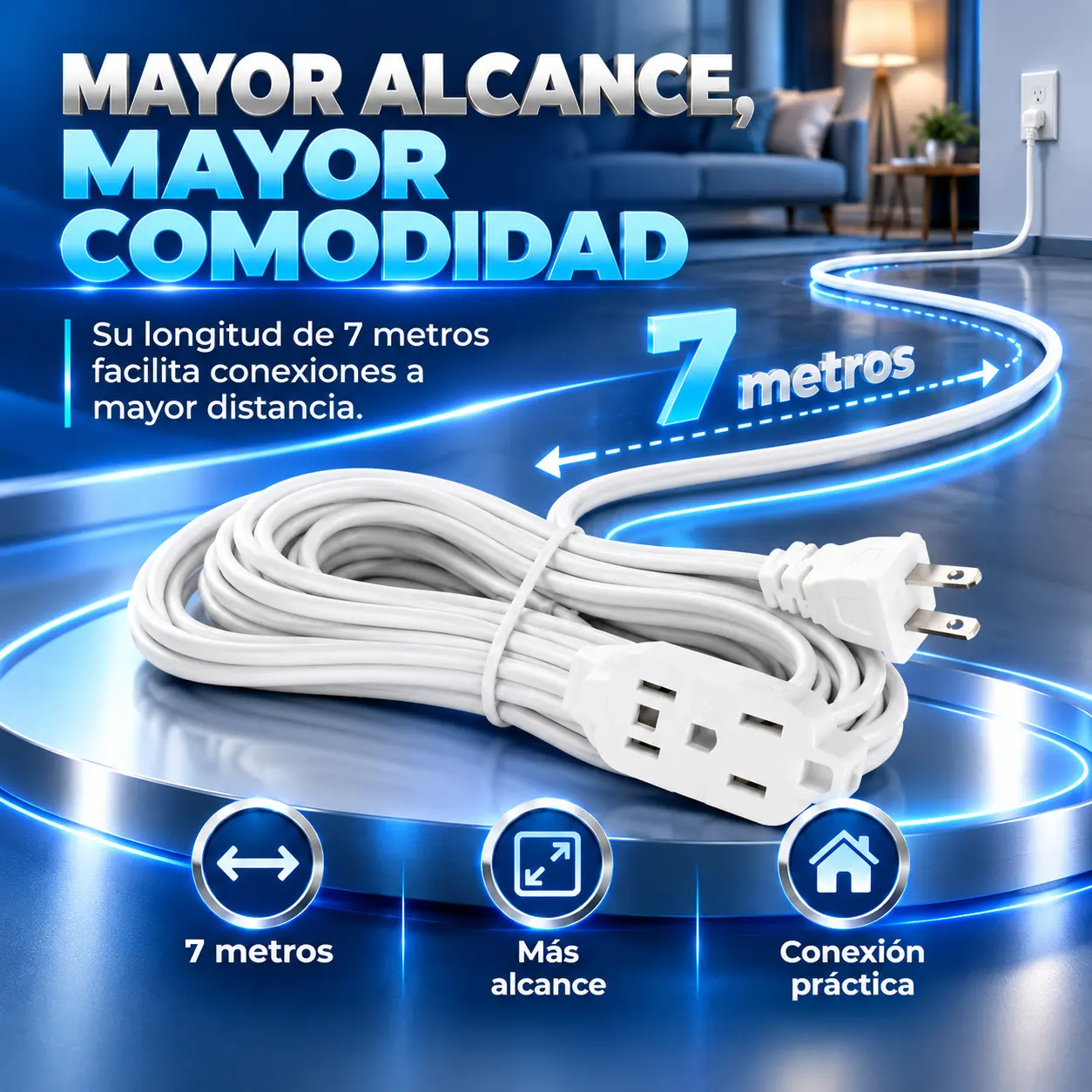 Extensión Eléctrica Para Interiores 7M 3 Toma Corrientes - Imagen 4