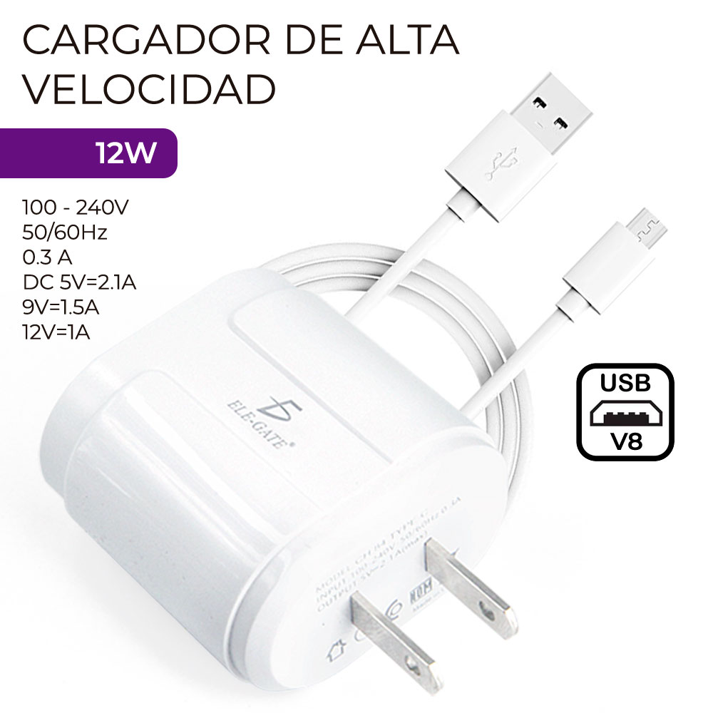 Cargador Rapido QC 3.0 USB 5V 2.4A Con Cable Micro V8 - ELE-GATE