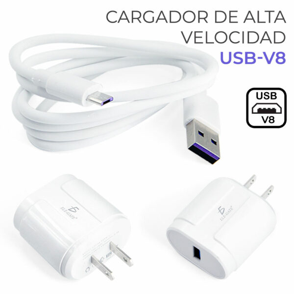Cargador USB 5V 2.1A Con Cable de Micro V8
