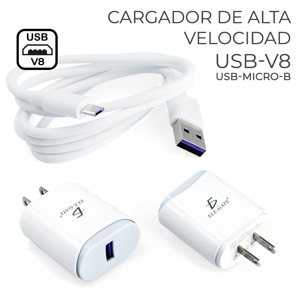 Cargador Rapido QC 3.0 USB 5V 2.4A Con Cable Micro V8 - ELE-GATE