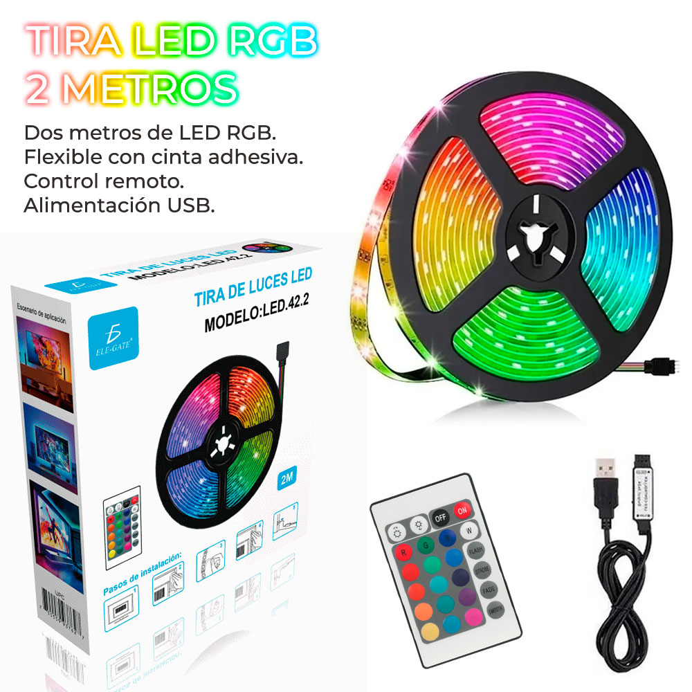 Tira LED multicolor RGB de 2 m con control remoto