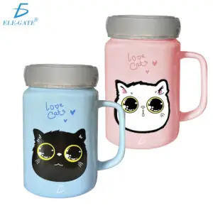 Taza de Cerámica Con Tapa Metálica Y Tipo Espejo Dibujo De Gatito