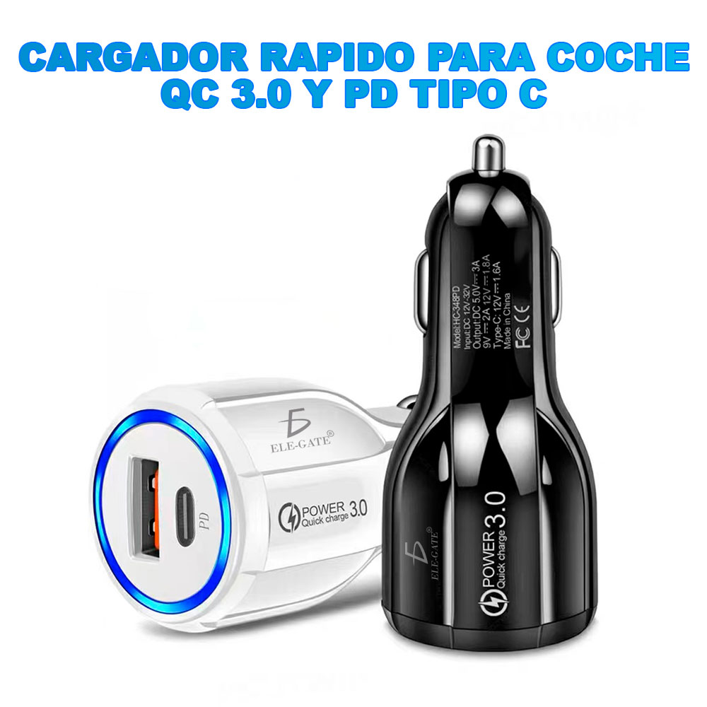 Cargador Coche Carga Rapida, 60W Cargador Coche USB C Cargador Mechero USB  Carga Rapida PD&QC3.0 Adaptador Cargador Movil Coche y 2X Cabe USB C para