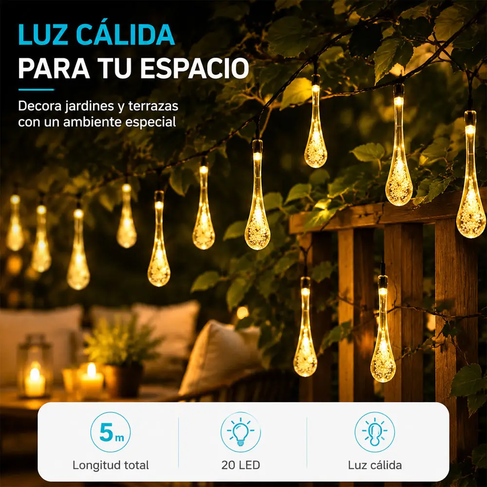 Guirnalda de Luces Solares para Exterior 3 m, 20 LED Tipo Gota, Luz Cálida, 8 Modos de Iluminación, Encendido Automático, IP65 - Imagen 4