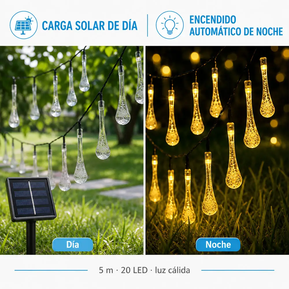 Guirnalda de Luces Solares para Exterior 3 m, 20 LED Tipo Gota, Luz Cálida, 8 Modos de Iluminación, Encendido Automático, IP65 - Imagen 3