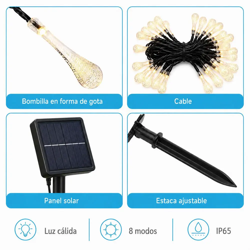 Guirnalda de Luces Solares para Exterior 3 m, 20 LED Tipo Gota, Luz Cálida, 8 Modos de Iluminación, Encendido Automático, IP65 - Imagen 5