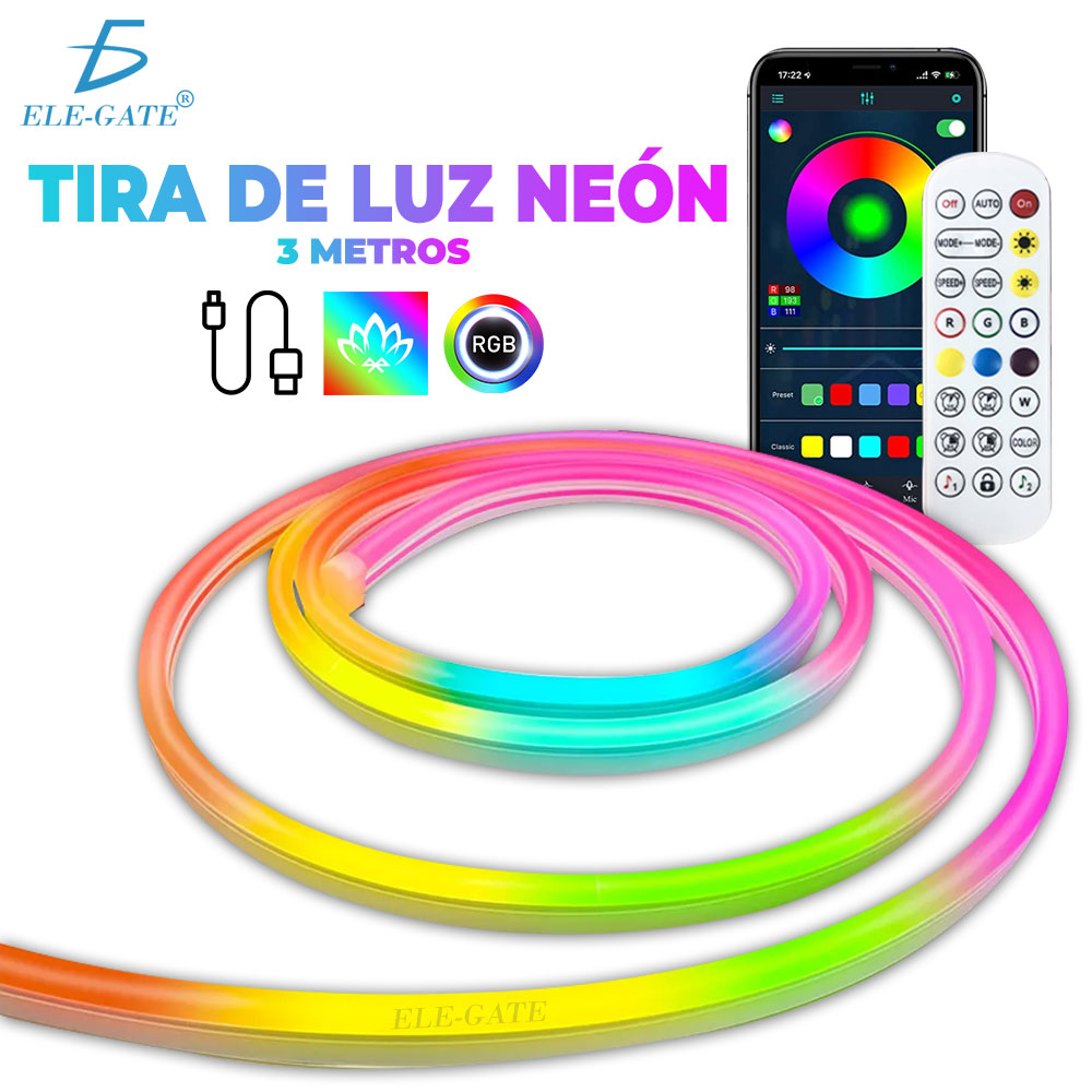 Tira De Luz Led Rgb Sincroniza Musica De Neón Ip65 Flexible Bluetooth 3M -  ELE-GATE