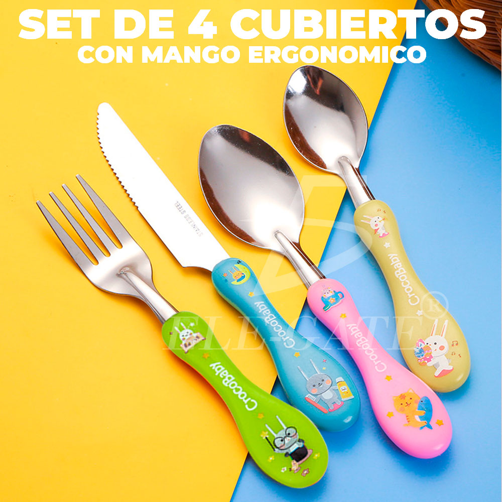 Kit Cubiertos Cuchara Tenedor Para Bebés De Acero Inoxidable 6 Pzs, Azul,  Rosa Y Verde