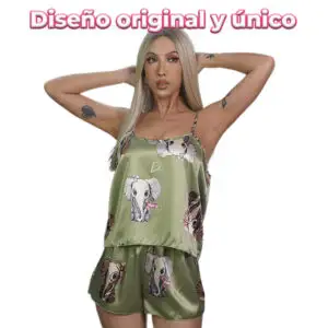 Pijama Sexy de Satén con Estampado de Elefantes para Mujer