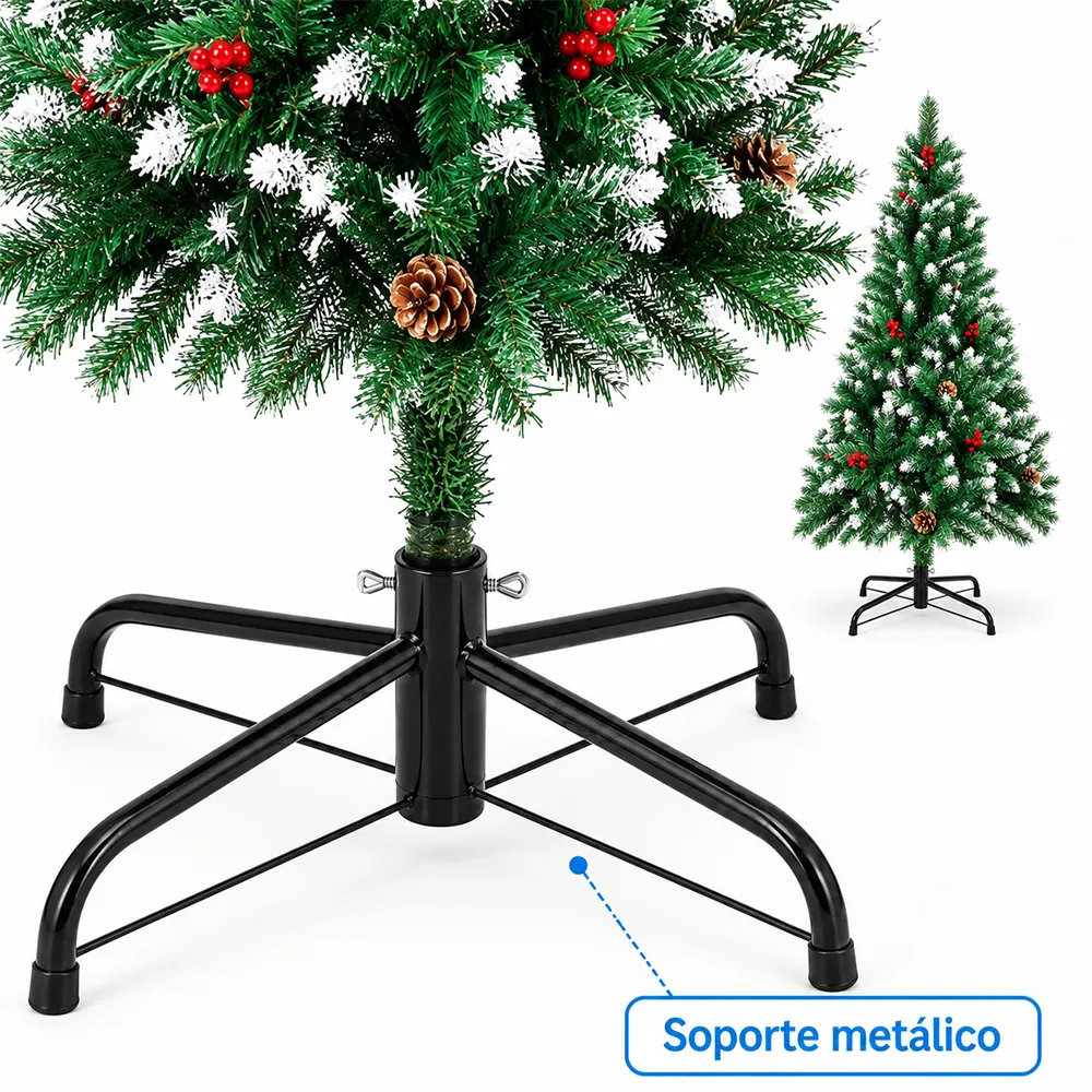 Árbol de Navidad Artificial 210m Verde con Efecto Nevado Piñas y Frutos Rojos - Imagen 3