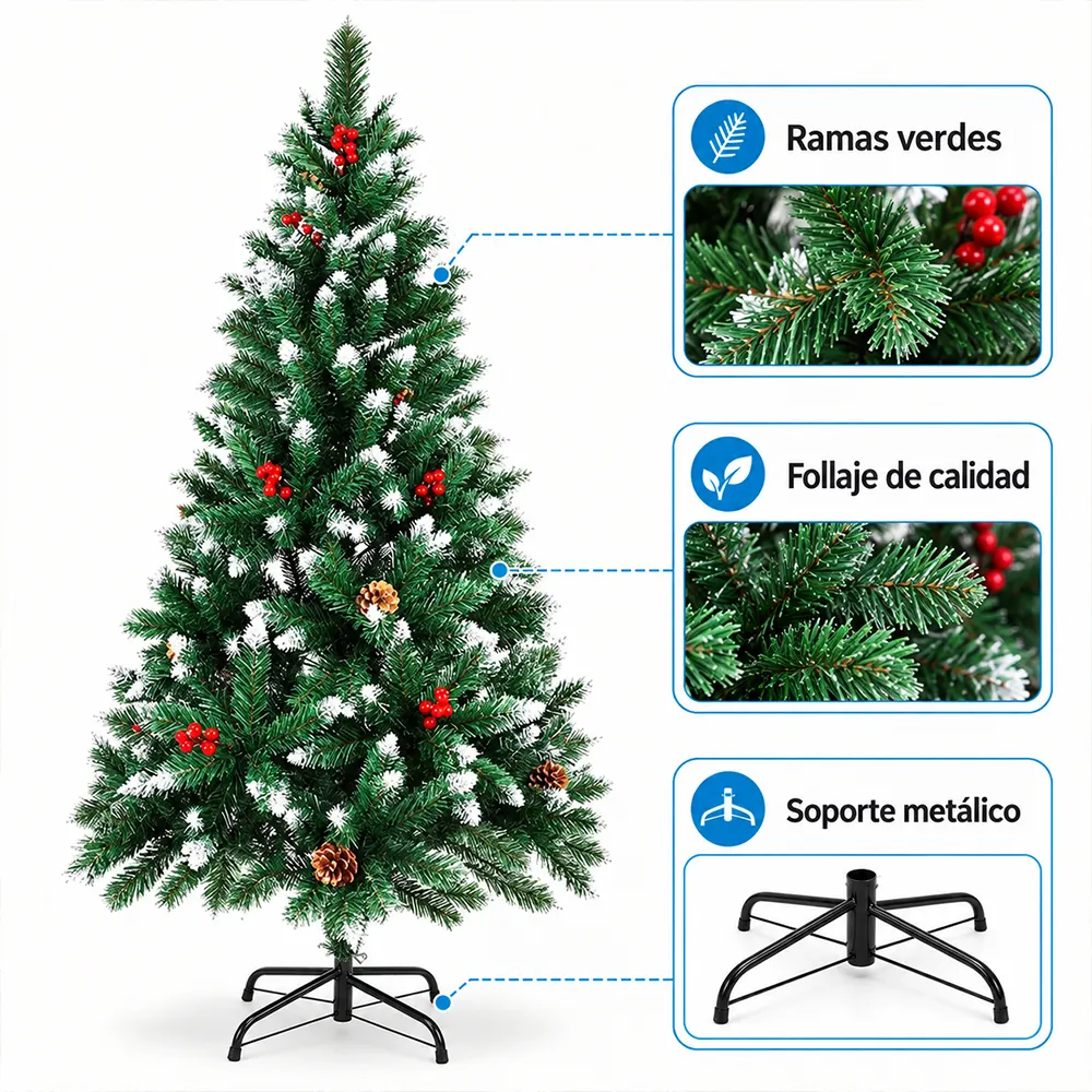 Árbol de Navidad Artificial 210m Verde con Efecto Nevado Piñas y Frutos Rojos - Imagen 2