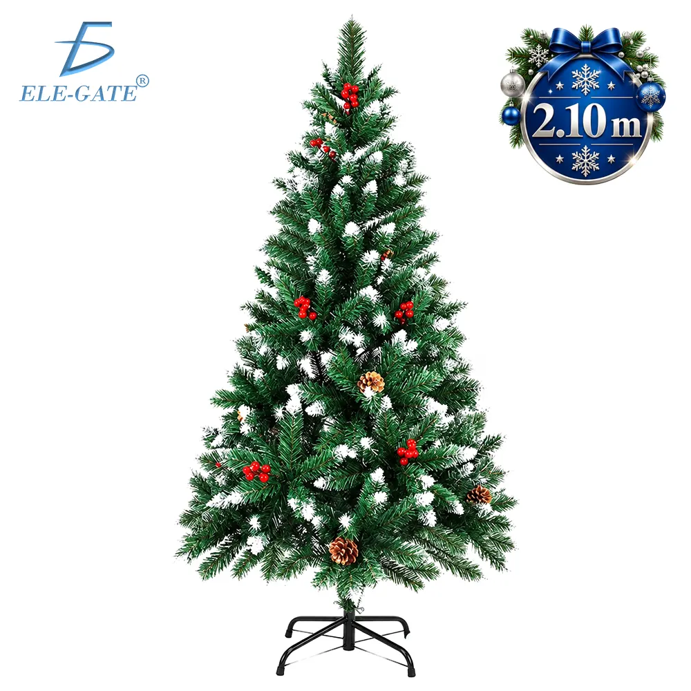 Árbol de Navidad Artificial 210m Verde con Efecto Nevado Piñas y Frutos Rojos