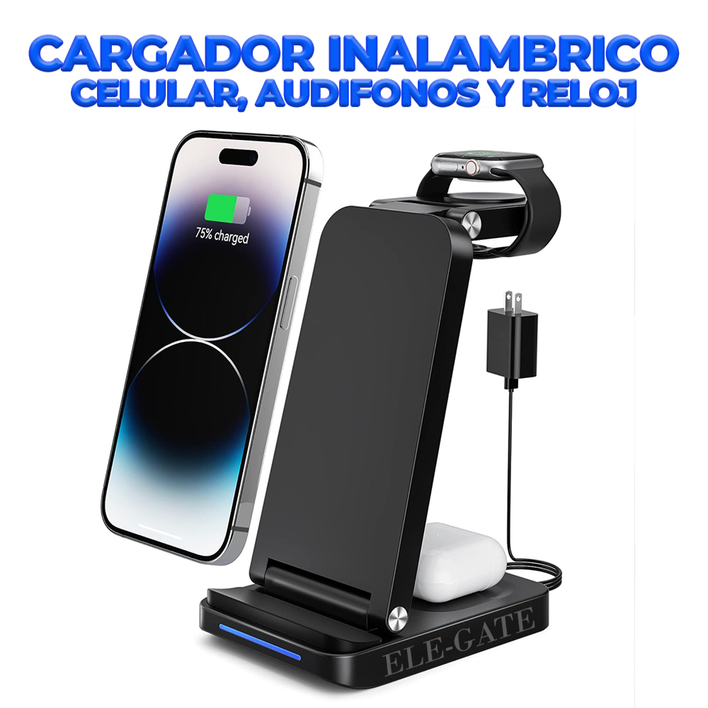 Base Cargador Inalámbrico 3en1 Apple Watch iPhone Celular 15W