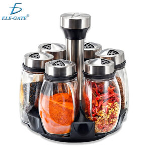 Juego de Salero y Pimentero de Acero Inoxidable y Cristal – Giratorio 360° con Orificio de Vaciado Ajustable, Juego de 6 Piezas