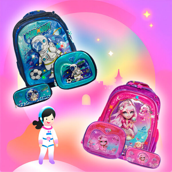 Set de Mochila Galáctica Escolar con Lapicera y Lonchera Térmica con Luces Leds RGB