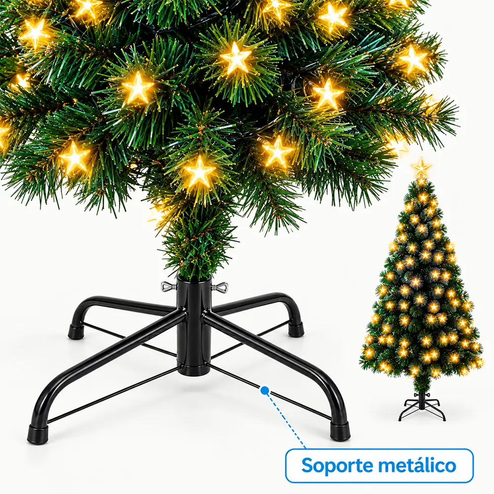 Árbol de Navidad Artificial Verde con Luces de Estrella y Pico de Estrella Integradas con Soporte de Metal 1.80m y 2.10m - Imagen 3