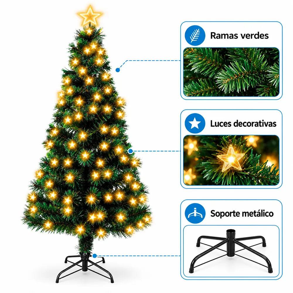 Árbol de Navidad Artificial Verde con Luces de Estrella y Pico de Estrella Integradas con Soporte de Metal 1.80m y 2.10m - Imagen 2