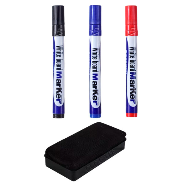 Kit de 3 Plumones para Pizarrón Blanco y un Borrador. Colores: Rojo, Azul y Negro - Image 2