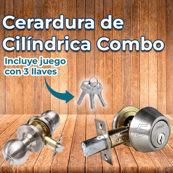 Combo de Chapa y Cerrojo Cilíndrico en Acero Satinado - Image 2