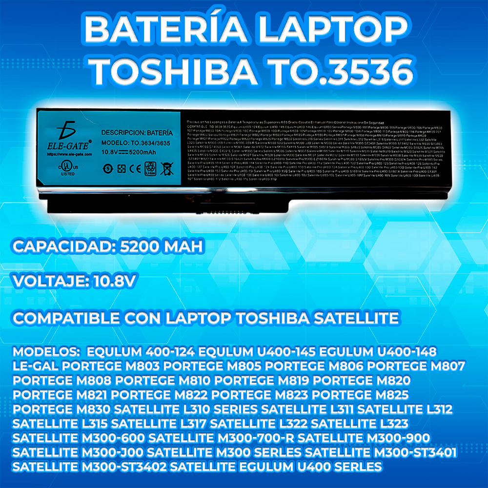 Batería para laptop Toshiba PA3536 (PA3536U-1BRS) — 10.8/11.1V, 6 celdas, Li-ion | Compatible con L350, L355, P200, P205, P300, X200, X205 - Image 2
