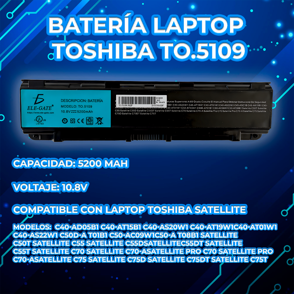 Batería para Laptop Toshiba Satellite PA5109U-1BRS / PA5109 — Li-ion 10.8/11.1 V, 6 celdas - Image 2