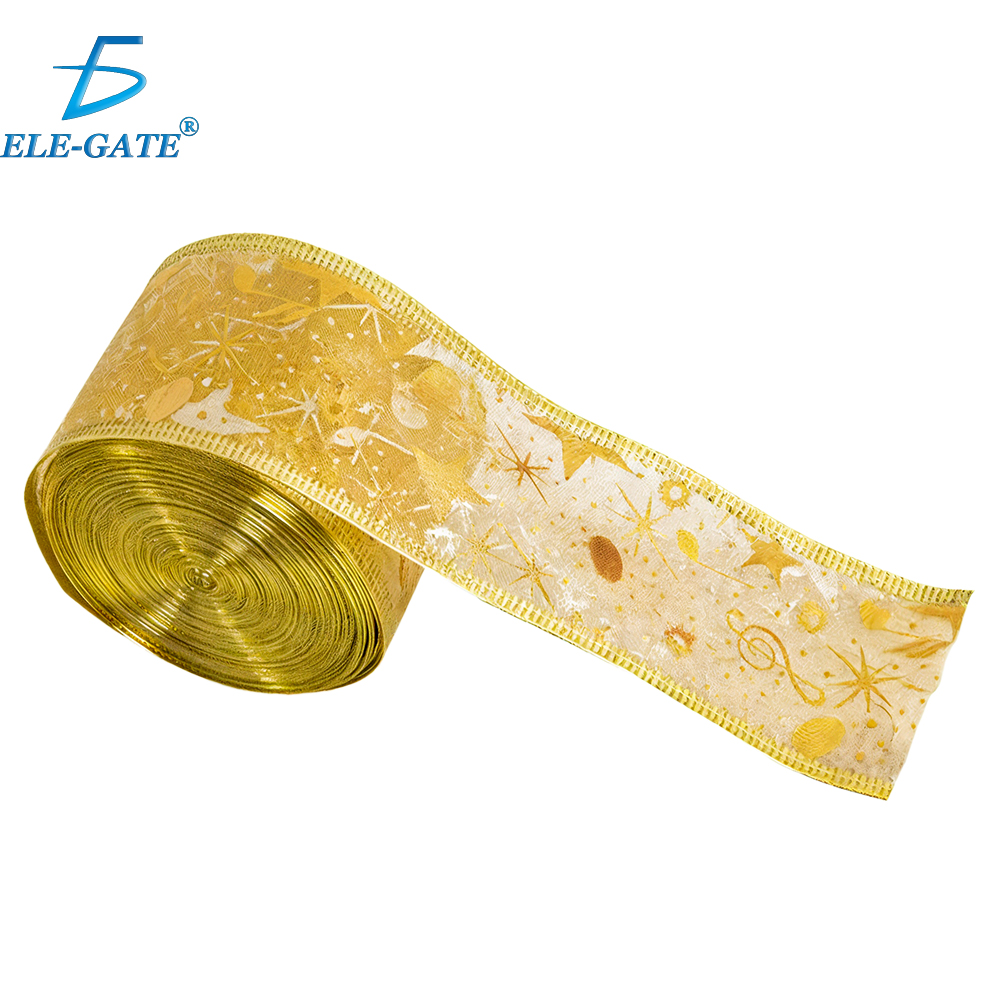 Listón Navideño Dorado Transparente con Motivos Navideños