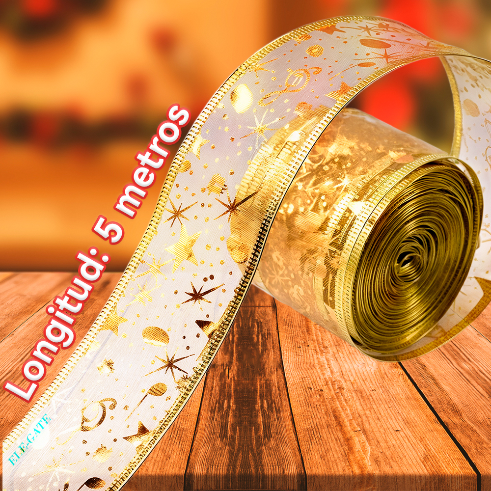 Listón Navideño Dorado Transparente con Motivos Navideños - Image 3