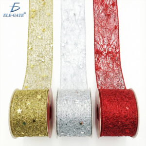 Listón Brilloso de Tela 10 Metros con Estrellas – Dorado, Plateado y Rojo