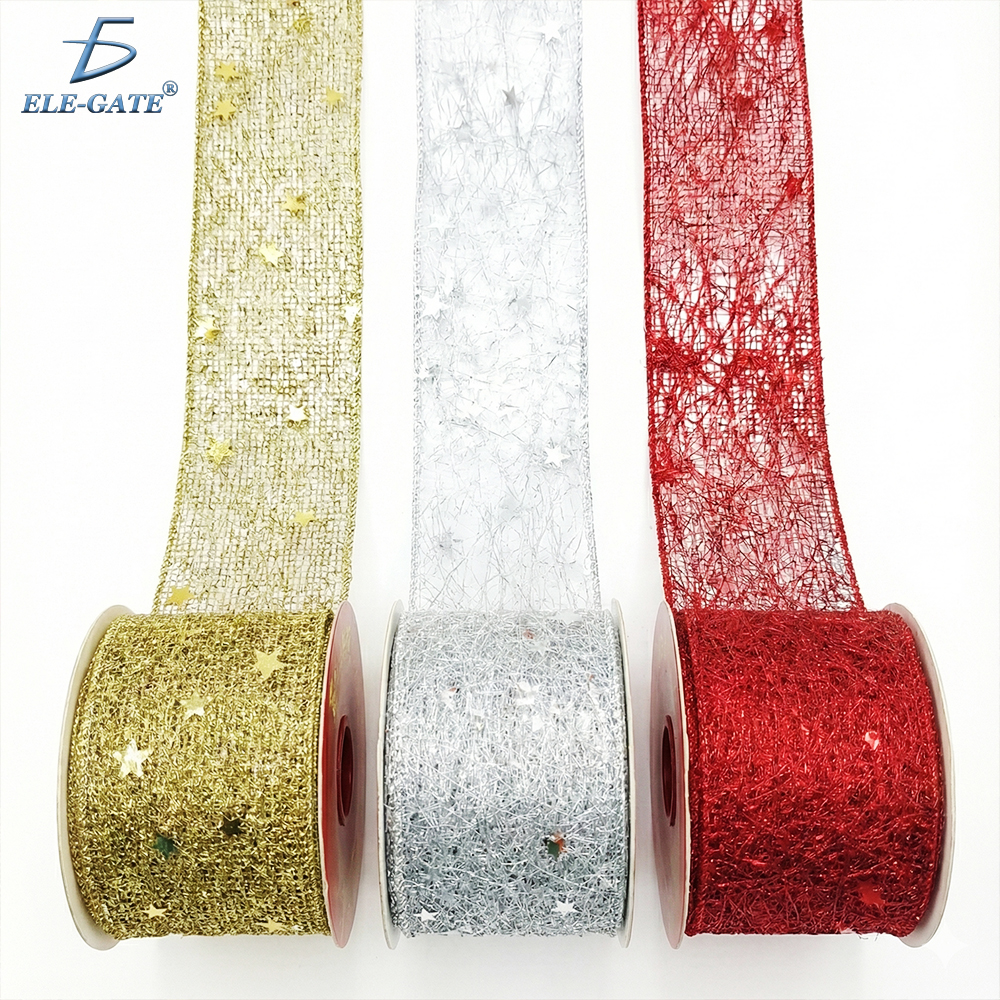 Listón Brilloso de Tela 10 Metros con Estrellas – Dorado, Plateado y Rojo
