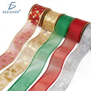 Listón Transparente de Tela Brilloso 10 Metros con Patrones Festivos – Rojo, Plateado, Verde y Dorado