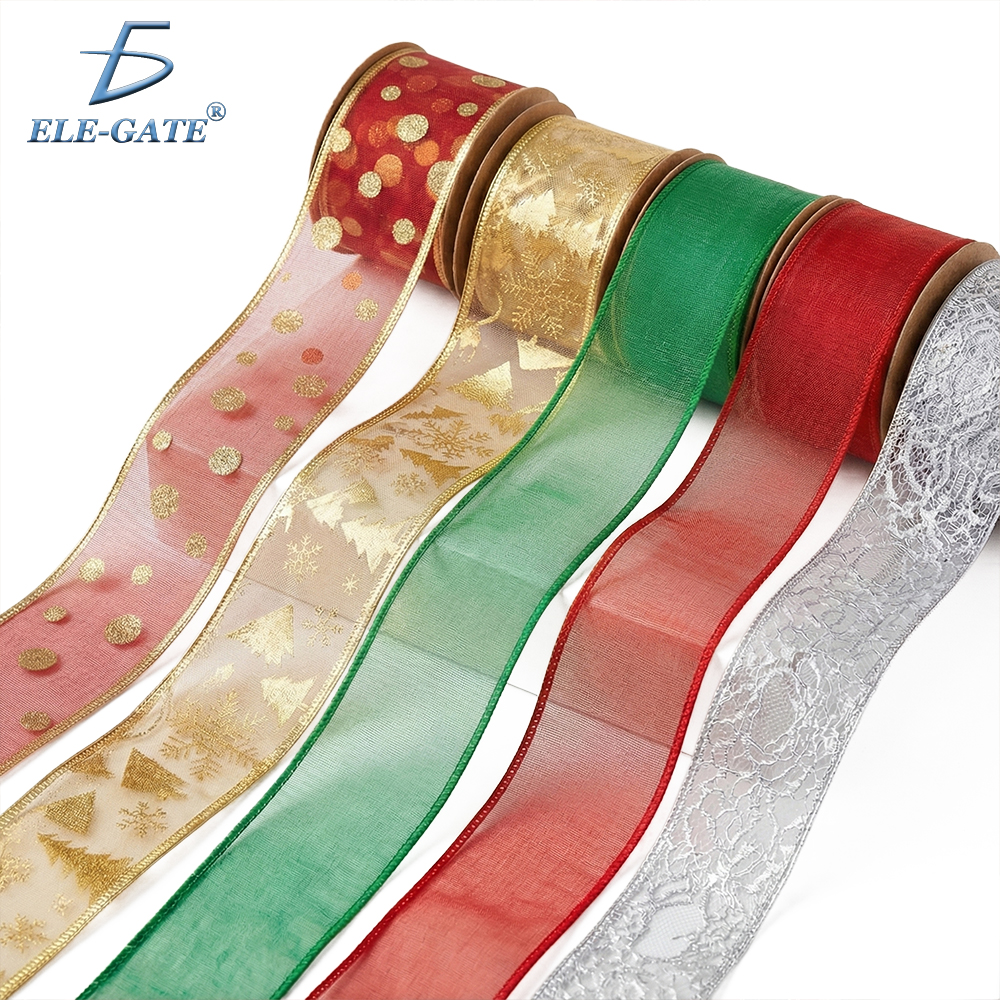 Listón Transparente de Tela Brilloso 10 Metros con Patrones Festivos – Rojo, Plateado, Verde y Dorado