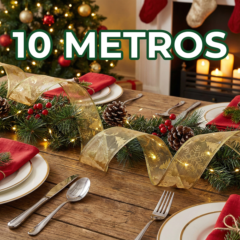 Listón Transparente de Tela Brilloso 10 Metros con Patrones Festivos – Rojo, Plateado, Verde y Dorado - Image 7