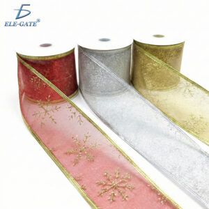 Listón Transparente Brilloso 10 Metros con Copos de Nieve – Rojo, Plateado y Dorado