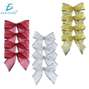 Paquete de 4 Moños de Navidad Transparente con Acabado de Diamantina – Rojo, Plata y Dorado