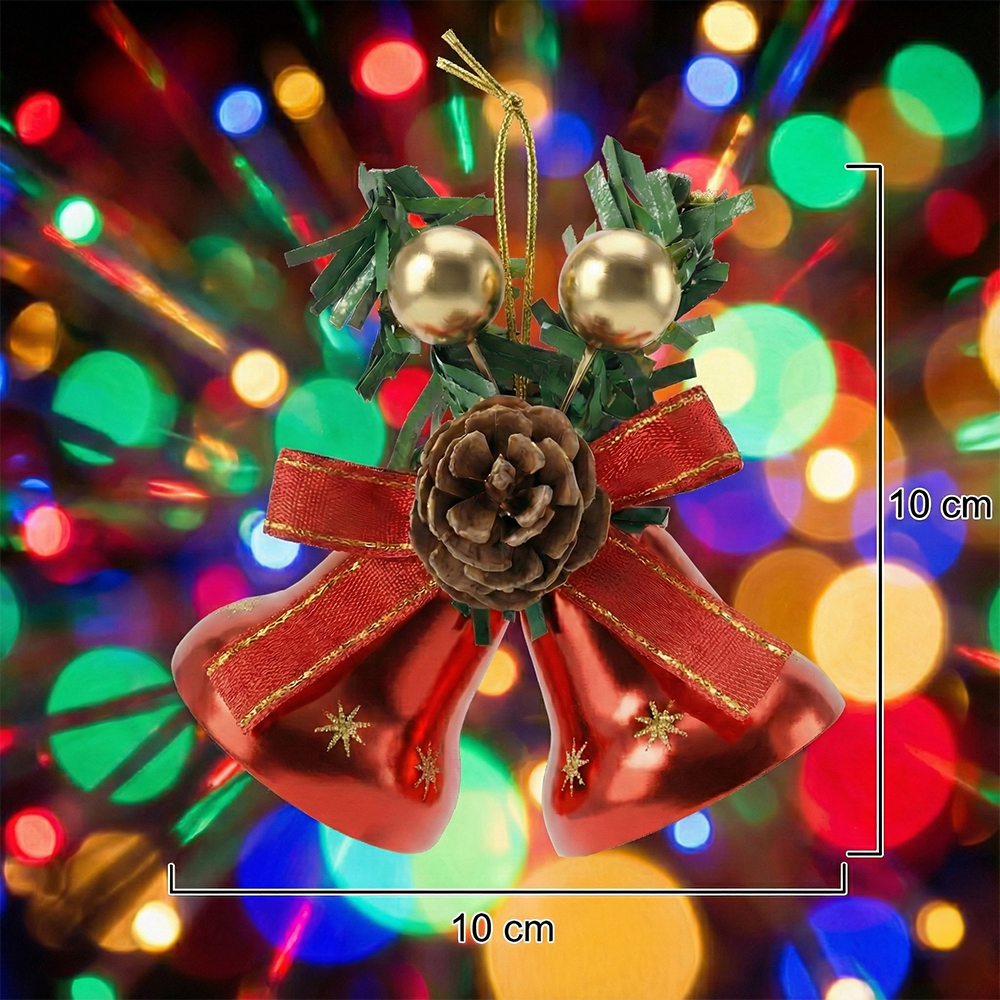 Ornamento Navideño de Dos Campanas Rojas con Garapiña, Follaje y Lazo Dorado - Image 3