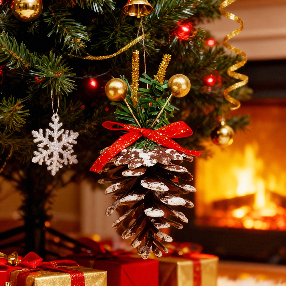 Set de 6 Ornamentos Navideños de Garapiña con Follaje y Dos Esferas Doradas con Lazo Dorado - Image 3