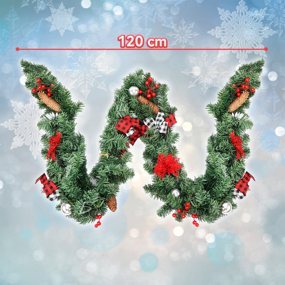 Guirnalda Navideña 2.7 m con Follaje Artificial y Moños Rojos con Blanco y Negro - Image 3