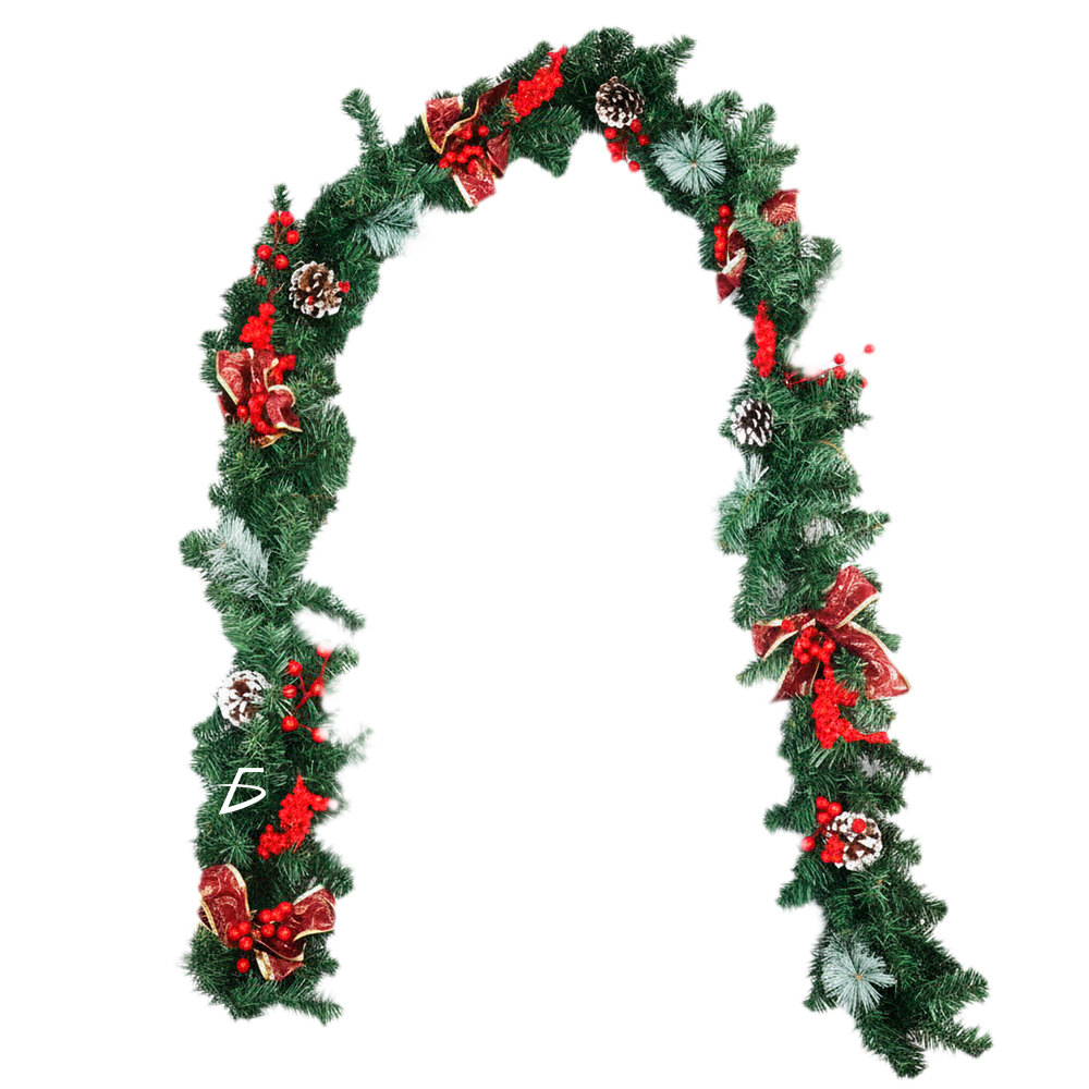 Guirnalda Navideña 2.7 m con Follaje Artificial, Moños Rojos con Dorado, Garapiñas Nevadas y Frutillas Rojas - Image 3