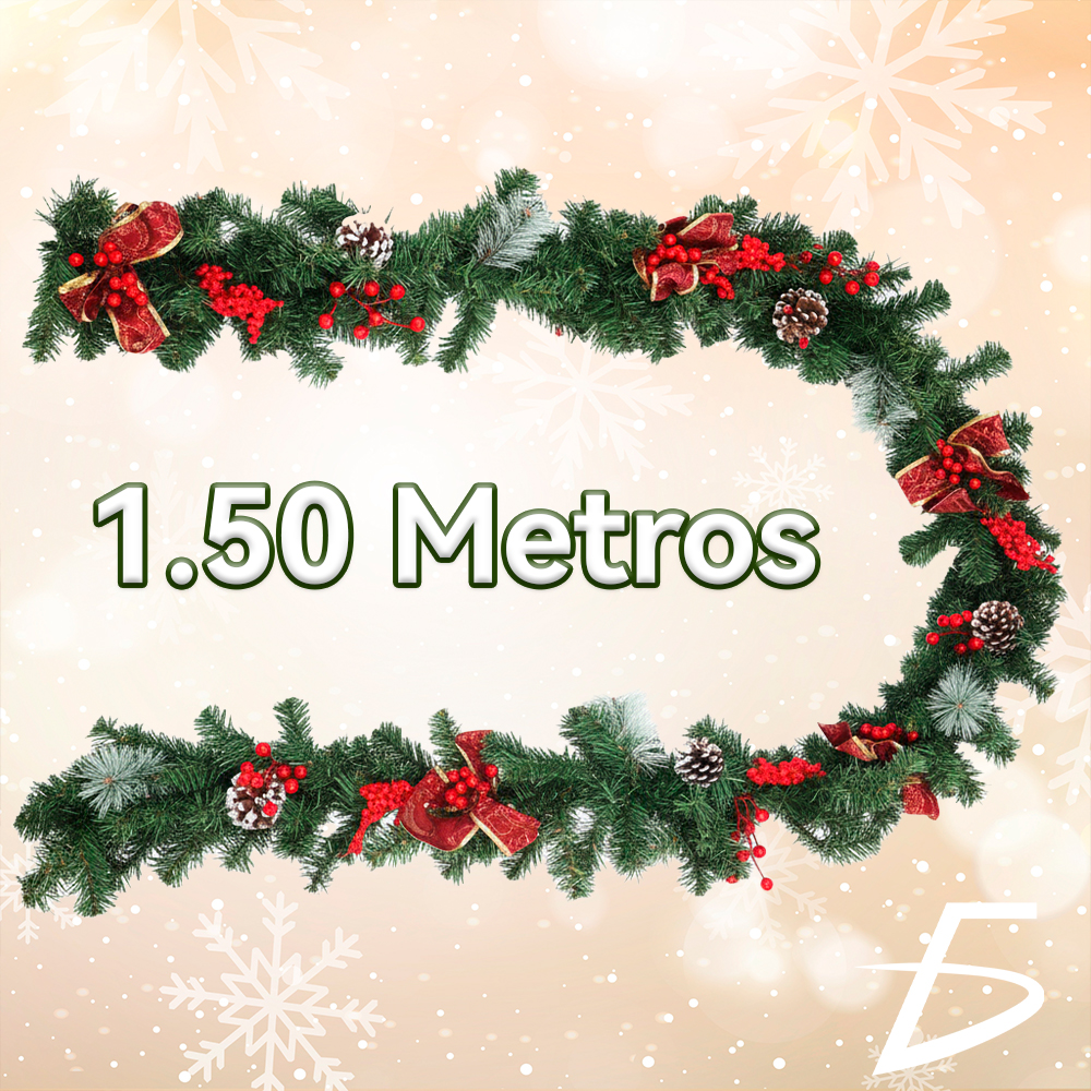 Guirnalda Navideña 2.7 m con Follaje Artificial, Moños Rojos con Dorado, Garapiñas Nevadas y Frutillas Rojas - Image 4