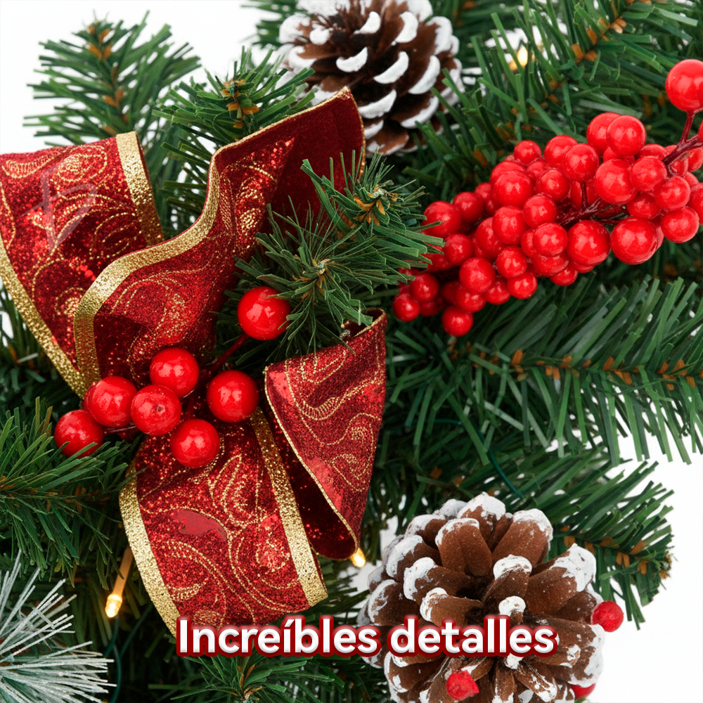 Guirnalda Navideña 2.7 m con Follaje Artificial, Moños Rojos con Dorado, Garapiñas Nevadas y Frutillas Rojas - Image 2