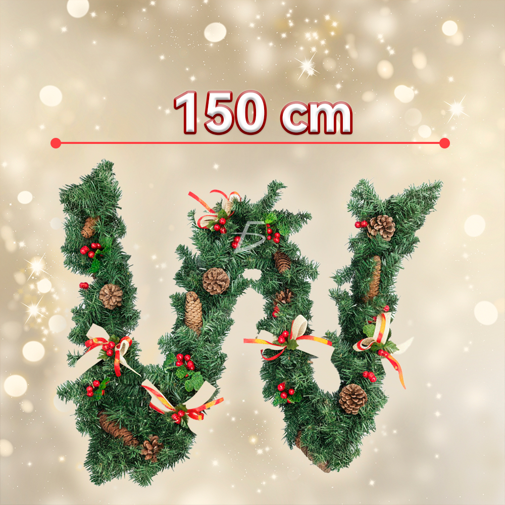 Guirnalda Navideña 2.7 m con Follaje Artificial, Moños Rojos con Blanco, Garapiñas y Frutillas Rojas - Image 3