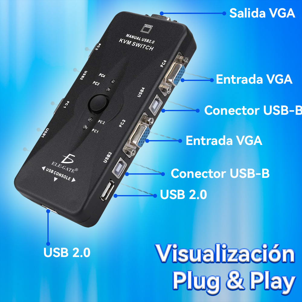 Switch KVM de 4 Puertos USB VGA – Controla 4 PCs con un Solo Monitor, Teclado y Ratón | Resolución 1920×1440 - Image 2
