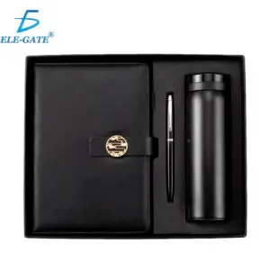 Set de Regalo Negro Esmaltado con Libreta, Termo de Acero Inoxidable y Pluma – Acabado Tipo Piel y Cierre Magnético