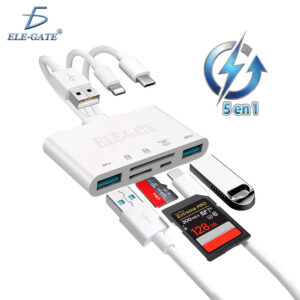 Lector de Tarjetas 5 en 1 con Adaptador OTG USB, USB-C y Lightning