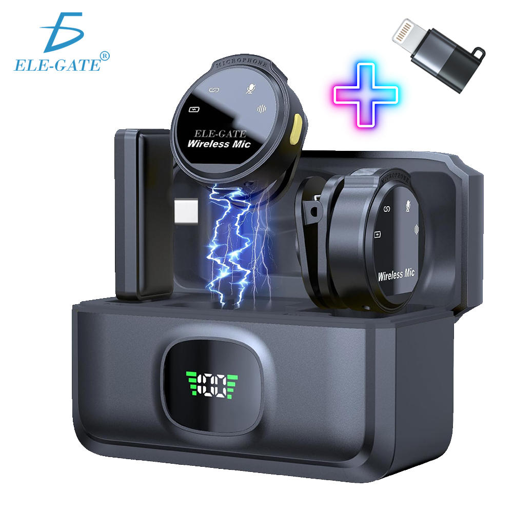 Juego de Micrófonos Lavalier Inalámbricos con Receptor tipo C con Base de Carga Rápida y Adpatador C a Lighting